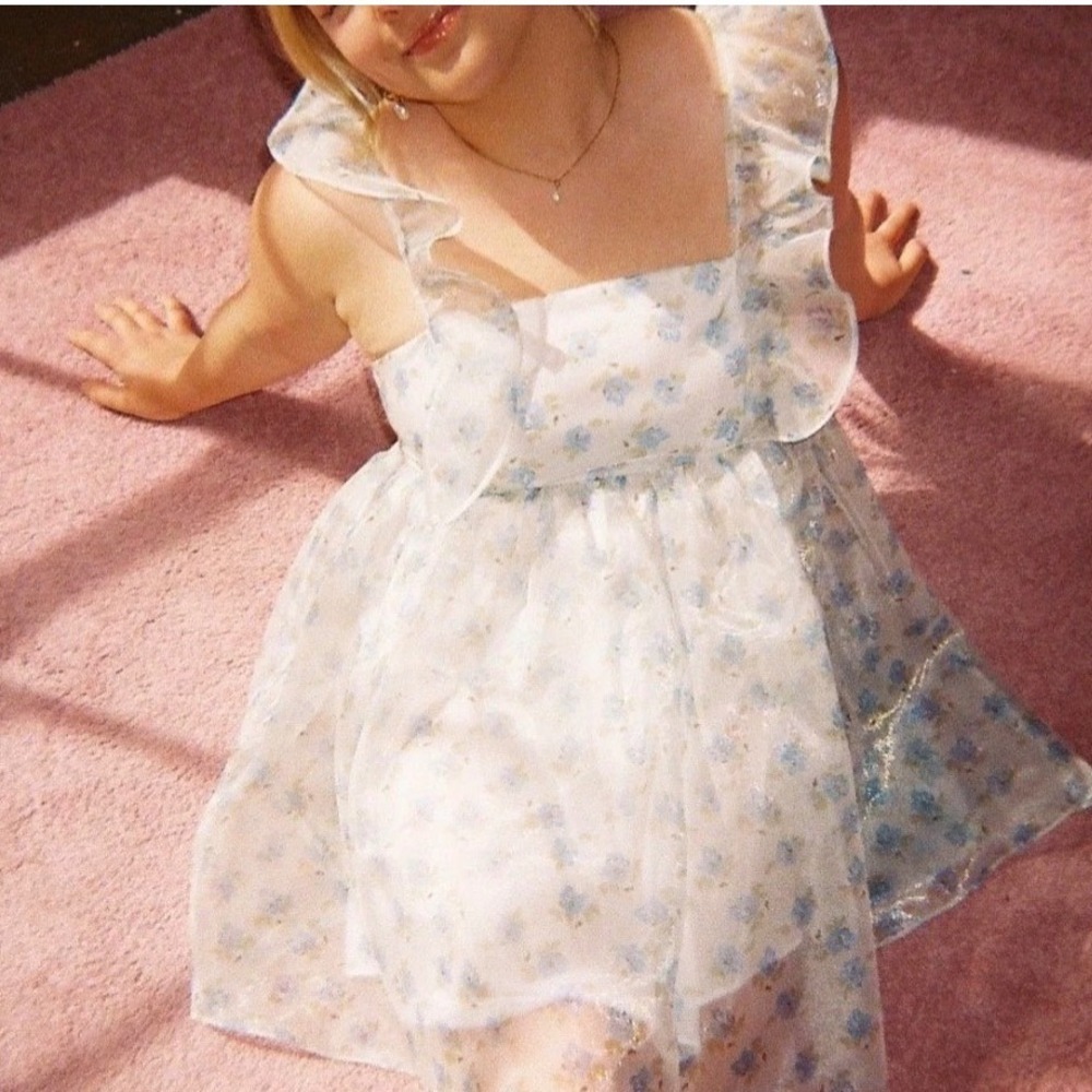 Storia Blue Floral Organza Ruffle Mini Dress Cream Babydoll Cottagecore Small